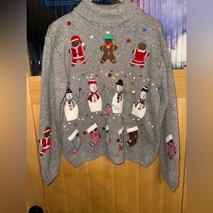 Karen Scott Women Christmas Sweater Mock Neck Size M Gray Knit snowmen